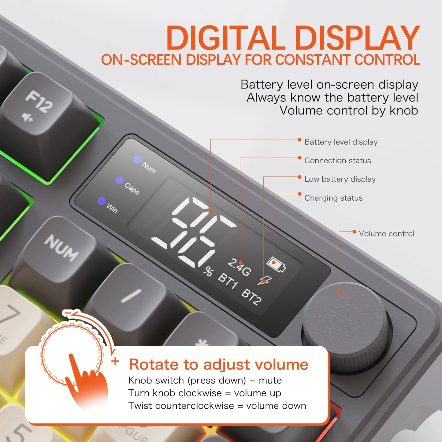M96 Bluetooth Wireless Keyboard FREEWOLF Digital Display, RGB Backlight, 2000mAh Battery & PBT Keycaps for PC/Laptop