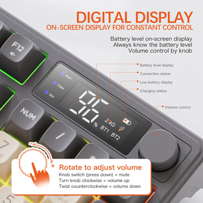 M96 Bluetooth Wireless Keyboard FREEWOLF Digital Display, RGB Backlight, 2000mAh Battery & PBT Keycaps for PC/Laptop