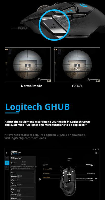 Logitech G502 HERO kablet gamingmus til e-sport, PUBG, mekanisk mus med RGB-lys, justerbar vægt og programmerbare makroer