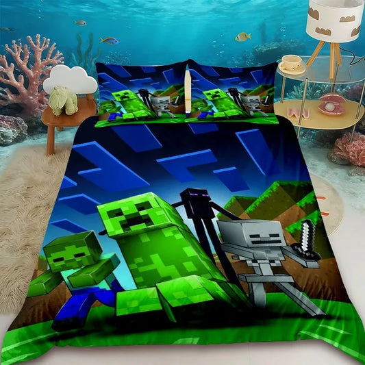 Funda nórdica infantil de dibujos animados Minecraft, juego de ropa de cama con funda de edredón, tamaños Queen, King y Full, con 1/2 fundas de almohada para dormitorio