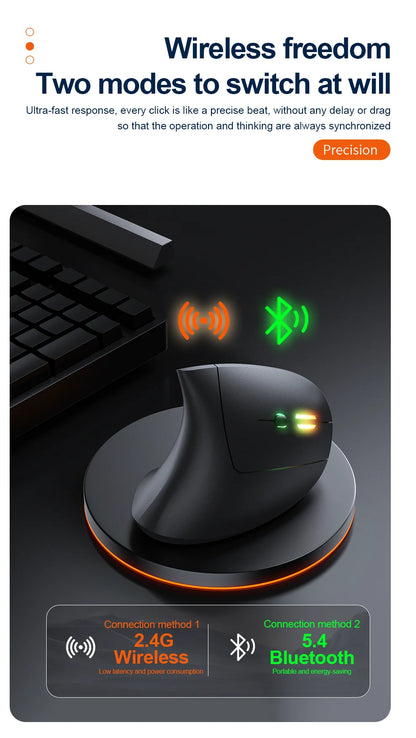 2.4G Bluetooth Wireless Vertical Mouse Rechargeable Ergonomic 1600DPI Adjustable Gaming Mouse 6Buttons for Laptop PC Computer