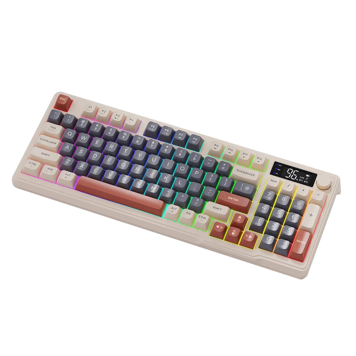 M96 Bluetooth Wireless Keyboard FREEWOLF Digital Display, RGB Backlight, 2000mAh Battery & PBT Keycaps for PC/Laptop