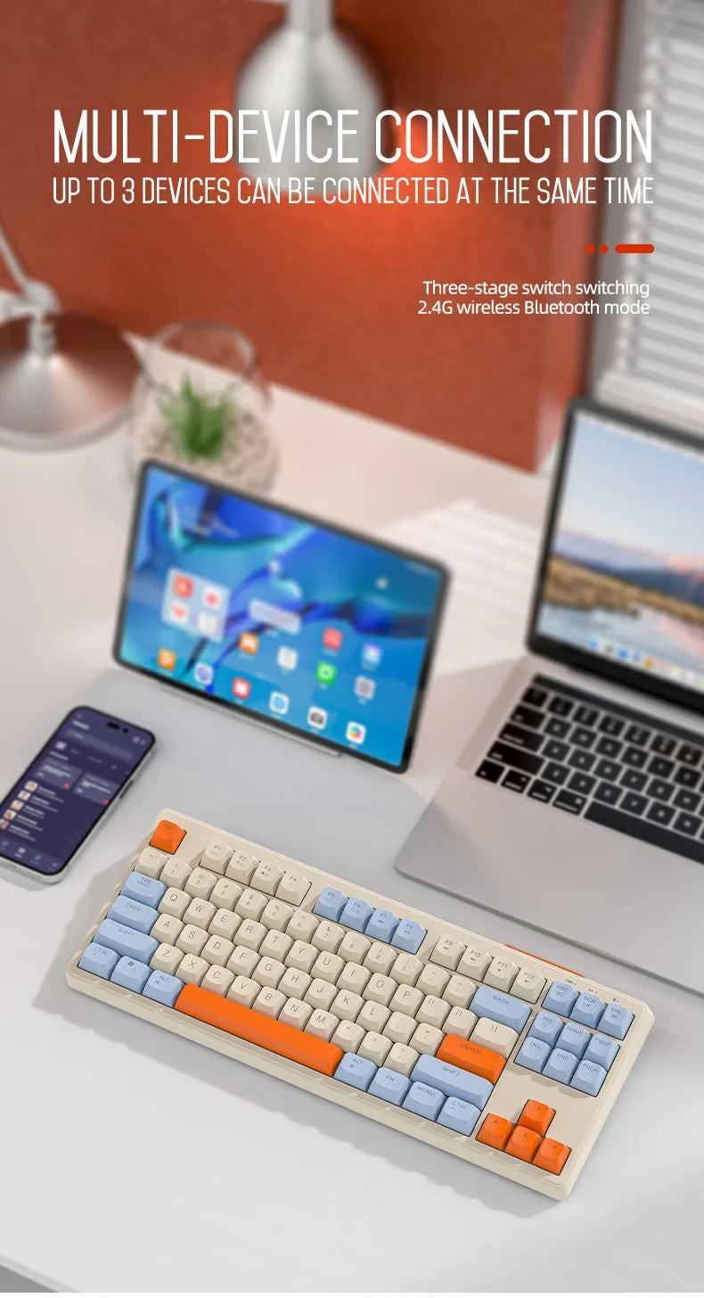 Teclado M87 Sem Fios Bluetooth de Modo Duplo, Sensação Mecânica para Gaming e Escritório, Silencioso, Teclas PBT Ball Cap, Luz Arco-Íris