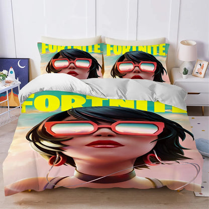 Battle Game F-Fortnite Bettbezug-Set, weich gewaschen, 3-teilig, sommerlich komfortabel, für Studentenwohnheim, Zuhause und Babybettwäsche, Bestseller