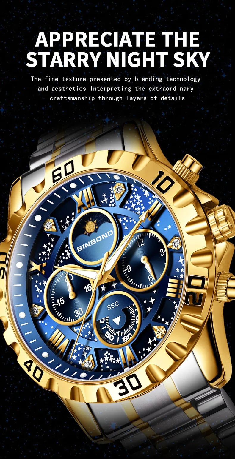 2026 Herrenuhr – leichter Luxus, Business-Stahlarmband, Mondphase, Sternennacht-Design, wasserdicht, modische Quarzuhr für Herren, Geschenk