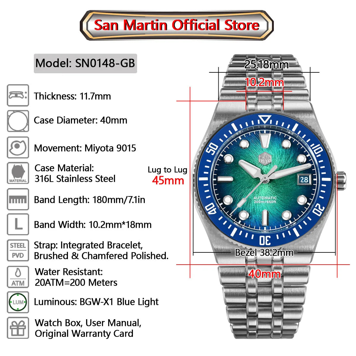 San Martin 40mm Luxus-Taucheruhr für Herren, Miyota 9015, Sunburst-Emaille-Zifferblatt, automatische mechanische Armbanduhr, wasserdicht bis 200m, SN0148