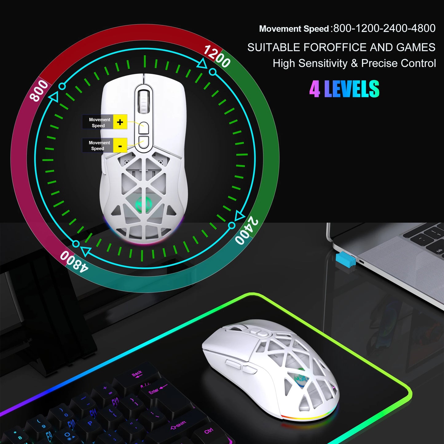HXSJ T26 kétmódú gaming egér, 2.4G+BT5.1 vezeték nélküli gamer egér laptophoz, 4800DPI állítható, ergonomikus optikai számítógépes gamer egér