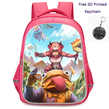 FORTNITE 16-inch Durable Lightweight Backpack, Dual Zipper Pockets, Cartoon Style for Boys & Girls Ages 6-10, Free 3D Printed Keychain
