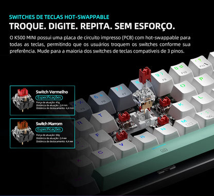 Teclado Mecânico Mini Machenike K500-B61 60% Layout ABNT2, Retroiluminação RGB, Hot-swappable, NKRO, Teclado Gaming com Fios para PC Gamer