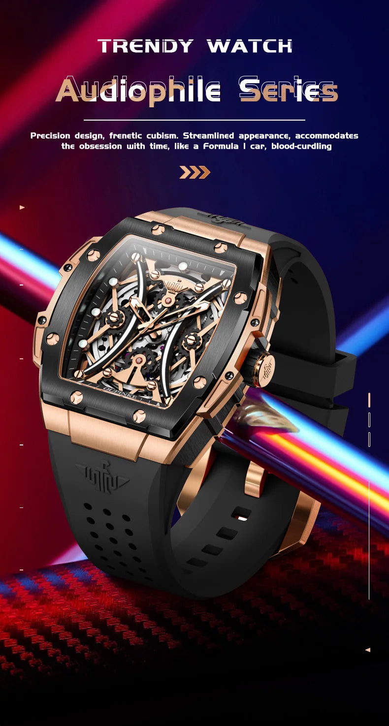 Relógio masculino OUPINKE clássico de luxo com mostrador tonneau, marca de topo, original, automático mecânico, bracelete em silicone e vidro de safira, novo