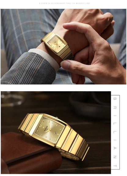 Relogio Masculino WWOOR New Man's Square Watch For Men with Automatic Date Luxury Stainless Steel Gold Mens Quartz Wrist Watches