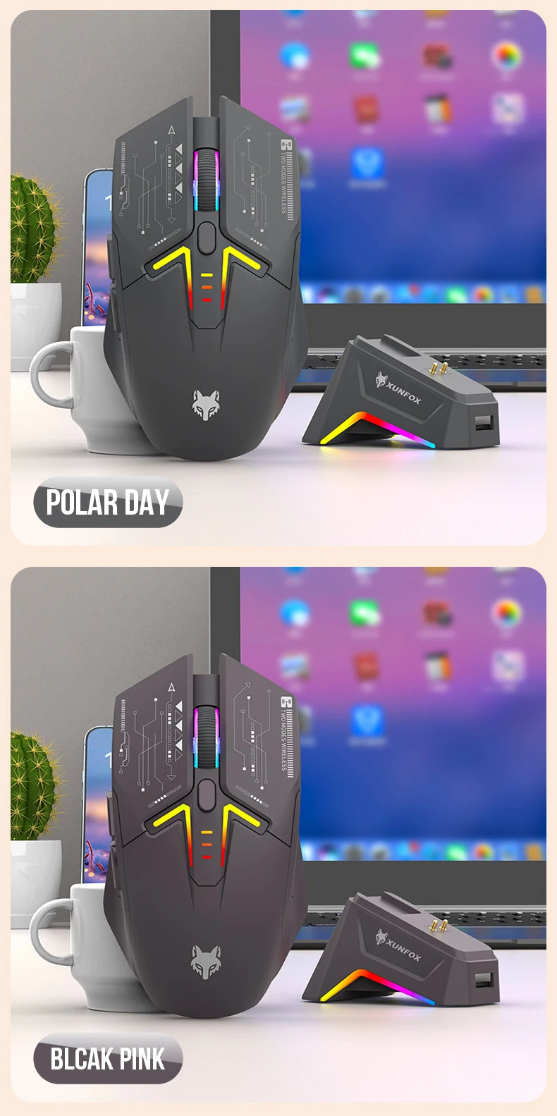 XUNSVFOX H2 wireless Bluetooth dual-mode mouse RGB lighting effect laptop gaming office magnetic charging