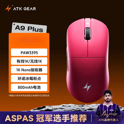 Rato Gaming Bluetooth Sem Fios ATK Dragonfly A9, Design Ergonómico, Resposta Rápida, PAW3950 Ultra, 800mAh, Leve, 8KHz, eSports