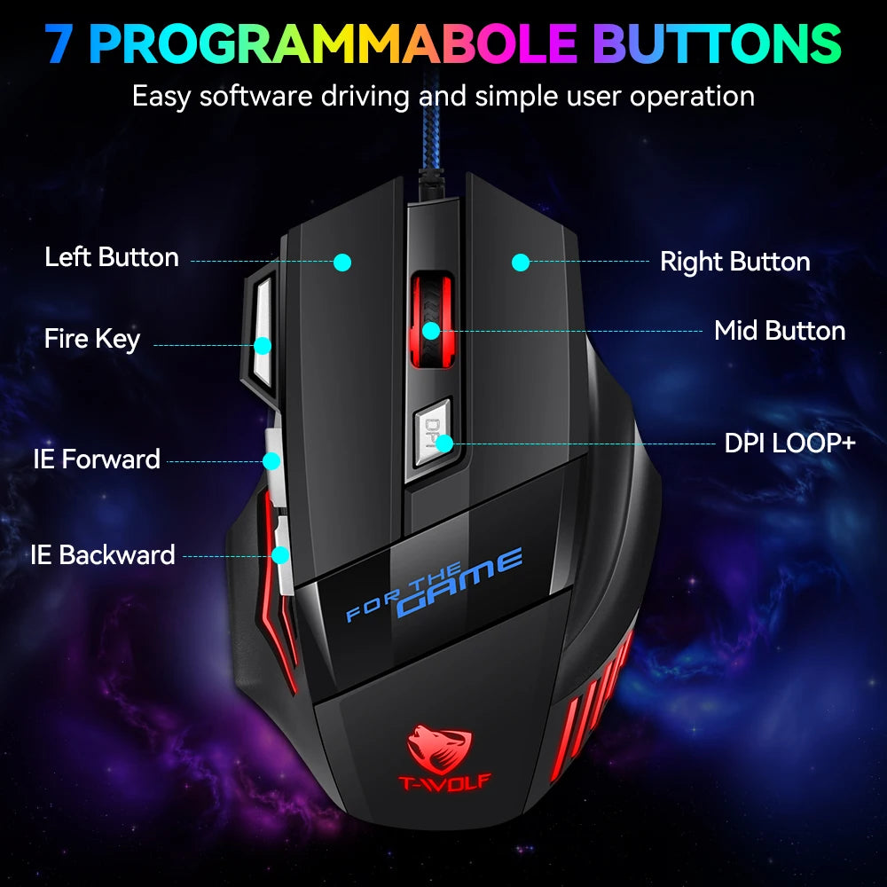 T-WOLF Wired Gaming Mouse 7-Button RGB Backlit Ergonomic Mechanical Mouse for PC Gamer
