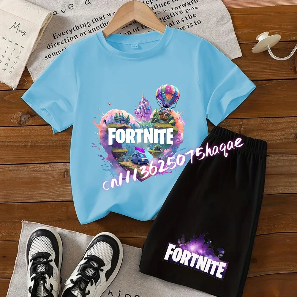 Angesagtes Fortnite-Kinder-Set mit T-Shirt und Shorts, Cartoon-Figur-Print, Sommer-Freizeit-Sportbekleidung für Jungen