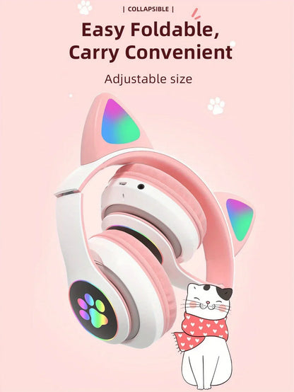 Flash Light Cute Cat Ears Wireless Headphone with Mic Control LED Kid Girl Stereo Music Helmet Phone Bluetooth Headset Gift