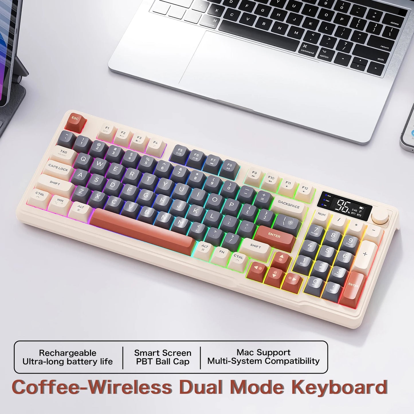 M96 Bluetooth Keyboard Wireless FREEWOLF Screen Gaming Keyboard, Electronic Screen, Multi-Device Connection, Ergonomics Gaming