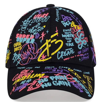 Farbenfrohe Hip-Hop-Baseballkappe mit Graffiti-Motiv, lässige Sonnenkappe mit Entenschnabel-Krempe und Aufdruck, individuell gestaltet für Männer und Frauen
