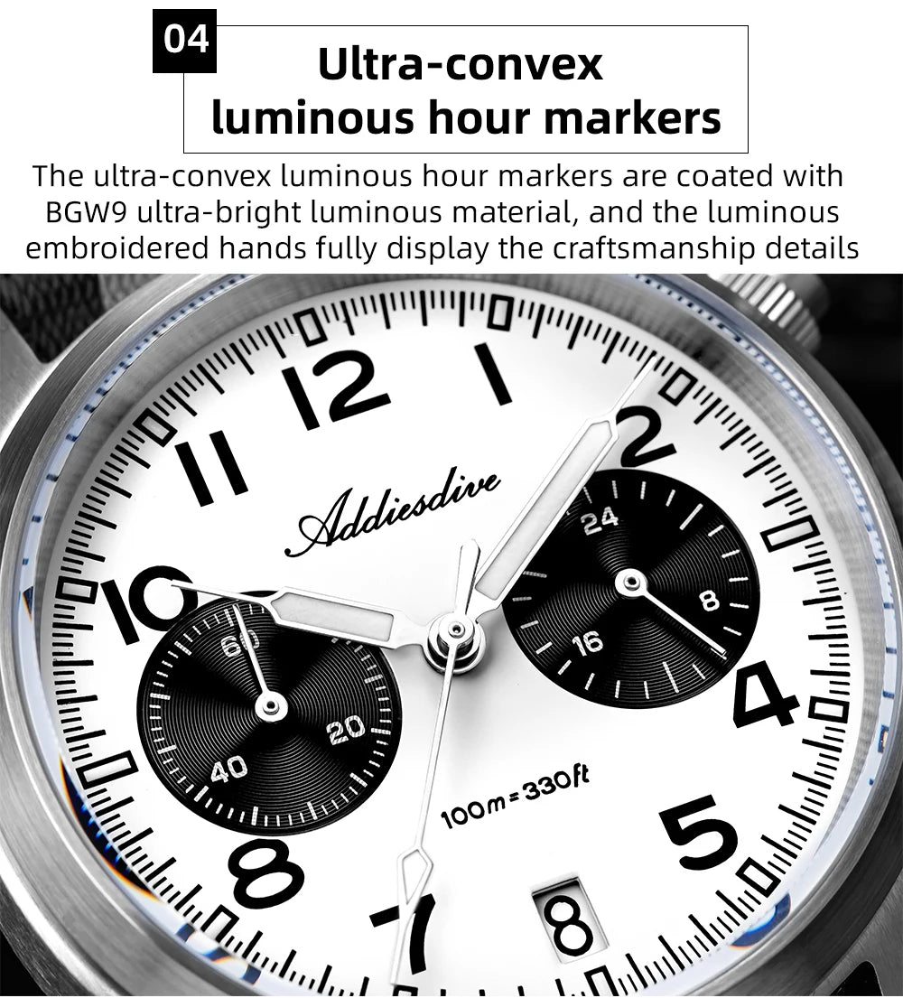 ADDIESDIVE 2025 Neue Panda Eye Herrenuhr, luxuriöse Retro-VK64-Quarzuhr für Herren, Sport-Chronograph, 100M wasserdicht, leuchtend