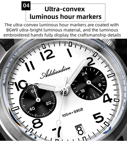 ADDIESDIVE 2025 Neue Panda Eye Herrenuhr, luxuriöse Retro-VK64-Quarzuhr für Herren, Sport-Chronograph, 100M wasserdicht, leuchtend