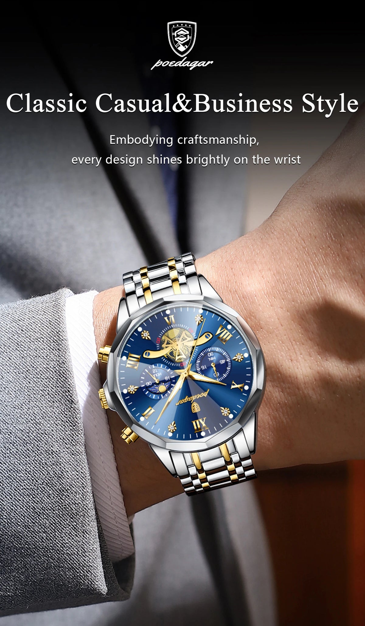 POEDAGAR Luxury Men Watch Top Original Waterproof Luminous Chronograph Man Wristwatch Stainless Steel Quartz Men's Watches Reloj