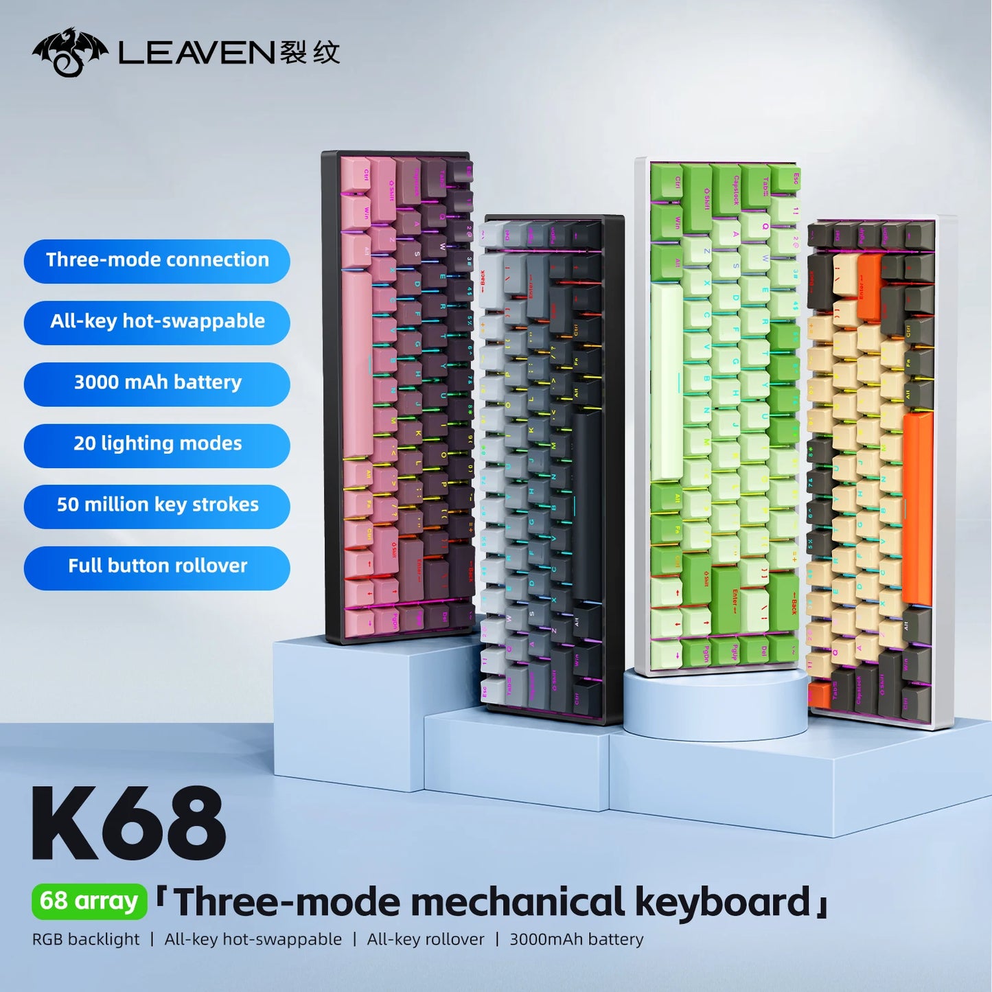 K68 68Key Wireless Mechanical Keyboard Tri-mode Connection, Full Key Hot Swap, RGB lighting Effects, L