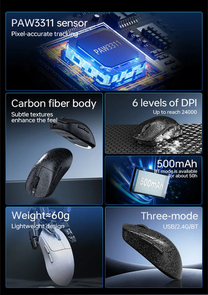 Bezprzewodowa mysz gamingowa AJAZZ AJ199 PAW3311 24000DPI, lekka, Bluetooth/przewodowa, z włókna węglowego, do PC i laptopa dla graczy