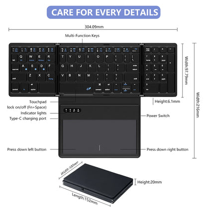 BOW Foldable Bluetooth Keyboard with Touchpad Pocket Folding Keyboard for Laptop Phone Tablet Wireless Rechargeable Keyboard