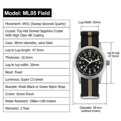 Militado ML05 38mm Vintage Watch VH31 Quartz Movement Field Watches Domed Sapphire Crystal With High Clear AR Coating Wristwatch