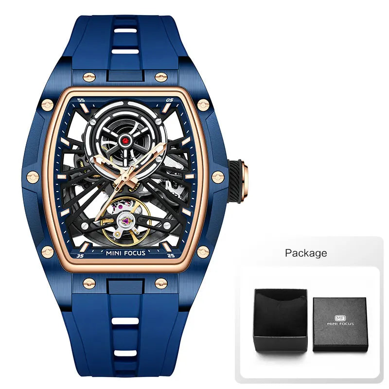MINI FOCUS Herren-Armbanduhr, modisch, schwarz, wasserdicht, automatische mechanische Uhr mit Leuchtzeigern, Silikonarmband und Tonneau-Zifferblatt