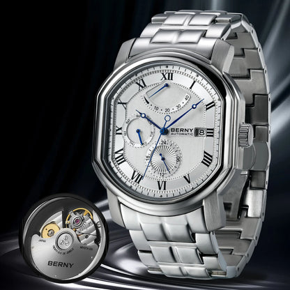 BERNY Men's Mechanical Watch, Top Accuracy, Automatic Wristwatch, Luxury Male Clock, Sapphire, Self-Winding, Waterproof