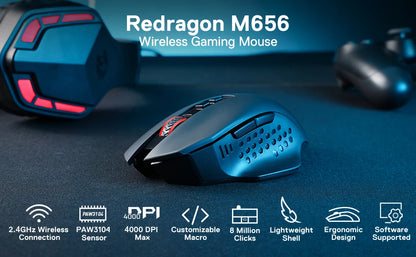 Mouse de gaming wireless Redragon M656 Gainer, 4000 DPI, 2.4Ghz, mouse wireless pentru gameri cu 5 niveluri DPI, 7 butoane macro, iluminare roșie LED