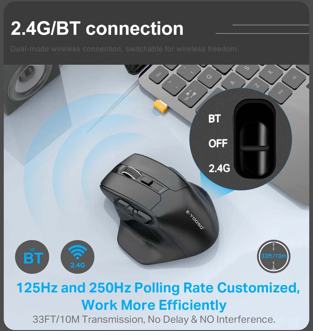 Mouse gaming E-YOOSO X-31 Pro USB, mare, cu suport Bluetooth 2.4G Wireless, PAW3212, 4800 DPI, pentru gameri, computer, laptop și PC