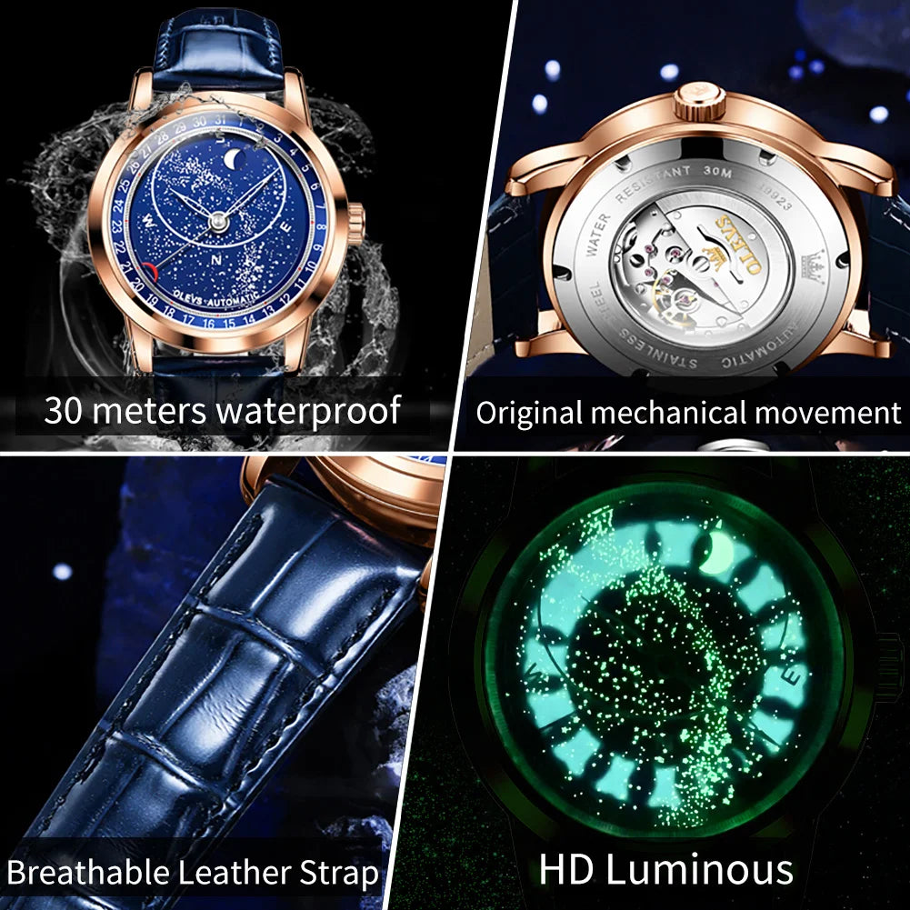 OLEVS 9923 Men's Watches Moon Phase Automatic Mechanical Watch for Man Blue Leather Luxury Dress Waterproof Luminous Wristwatch