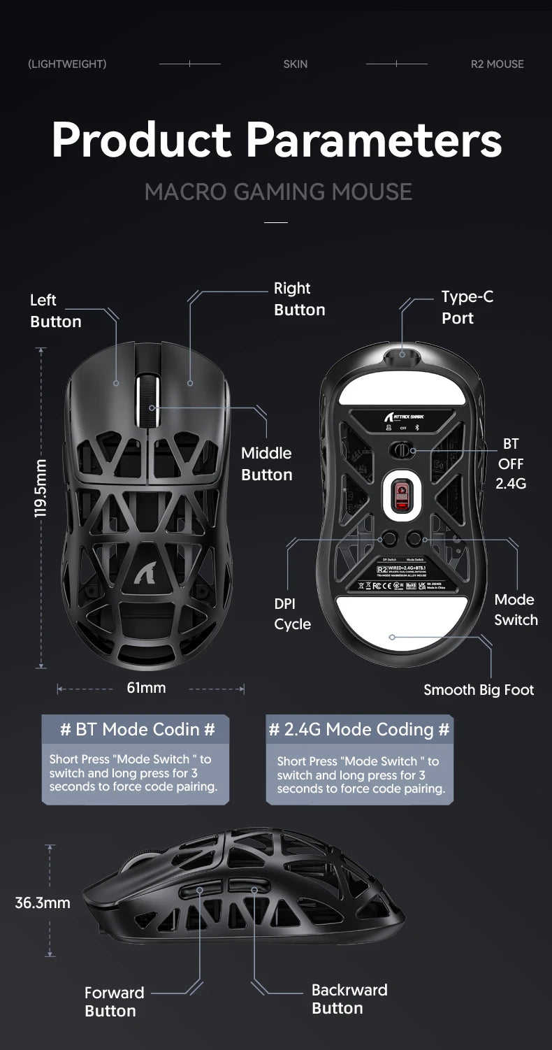 Attack Shark R2 bezdrôtová herná myš PAW3950 8K z horčíkovej zliatiny, ľahká herná myš Bluetooth Tri-Mode na hranie/prácu v kancelárii