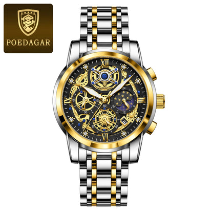 POEDAGAR Top Fashion Men's Watches Stainless Steel Date Chronograph Business Quartz Men Wristwatch Waterproof Luminous Man Watch