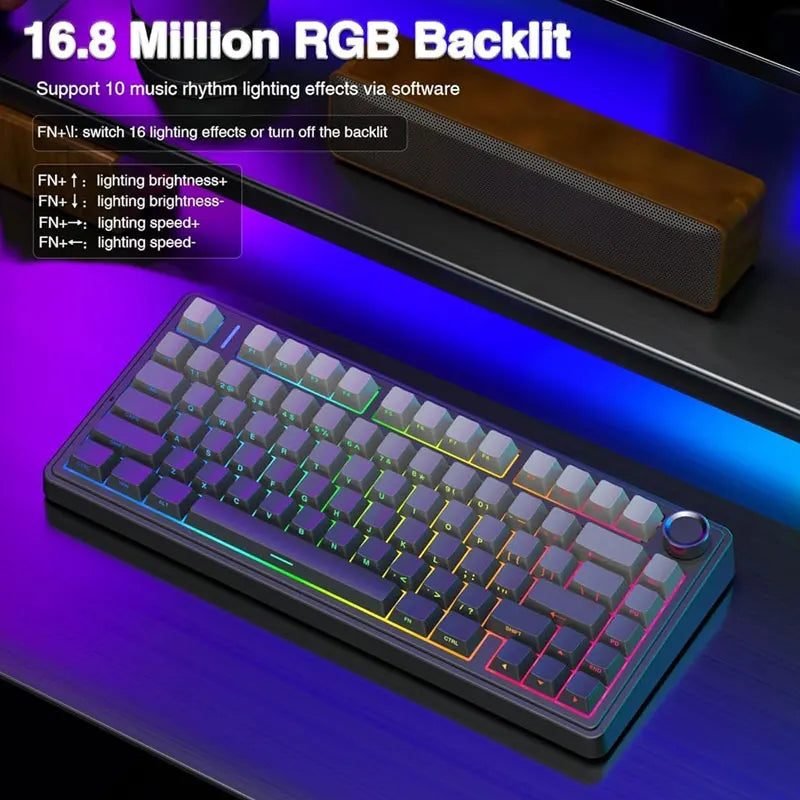 Teclado mecânico gaming AULA F75 RGB personalizado, layout 75%, gravação lateral, montagem gasket, 80 teclas, keycaps PBT em gradiente