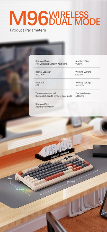 M96 Bluetooth Keyboard Wireless FREEWOLF Screen Gaming Keyboard, Electronic Screen, Multi-Device Connection, Ergonomics Gaming