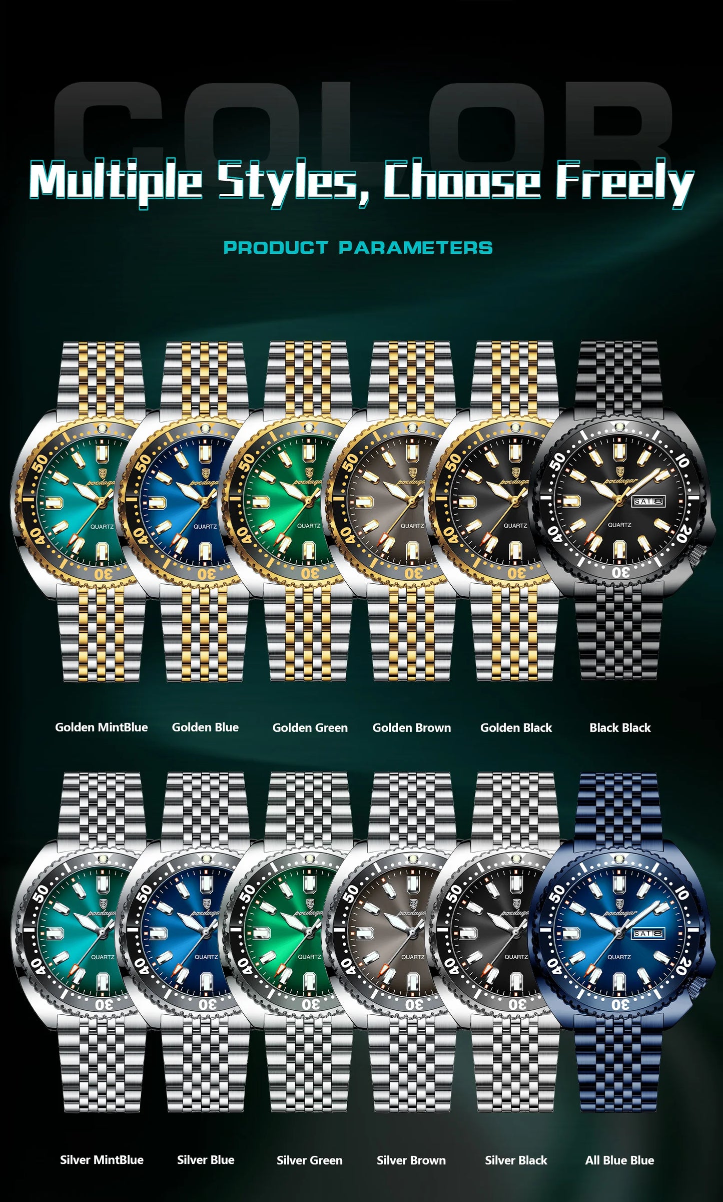 POEDAGAR Luxury Business Men Watch Date Week Waterproof Luminous Man Wristwatch Sport Stainless Steel Quartz Men's Watches Reloj