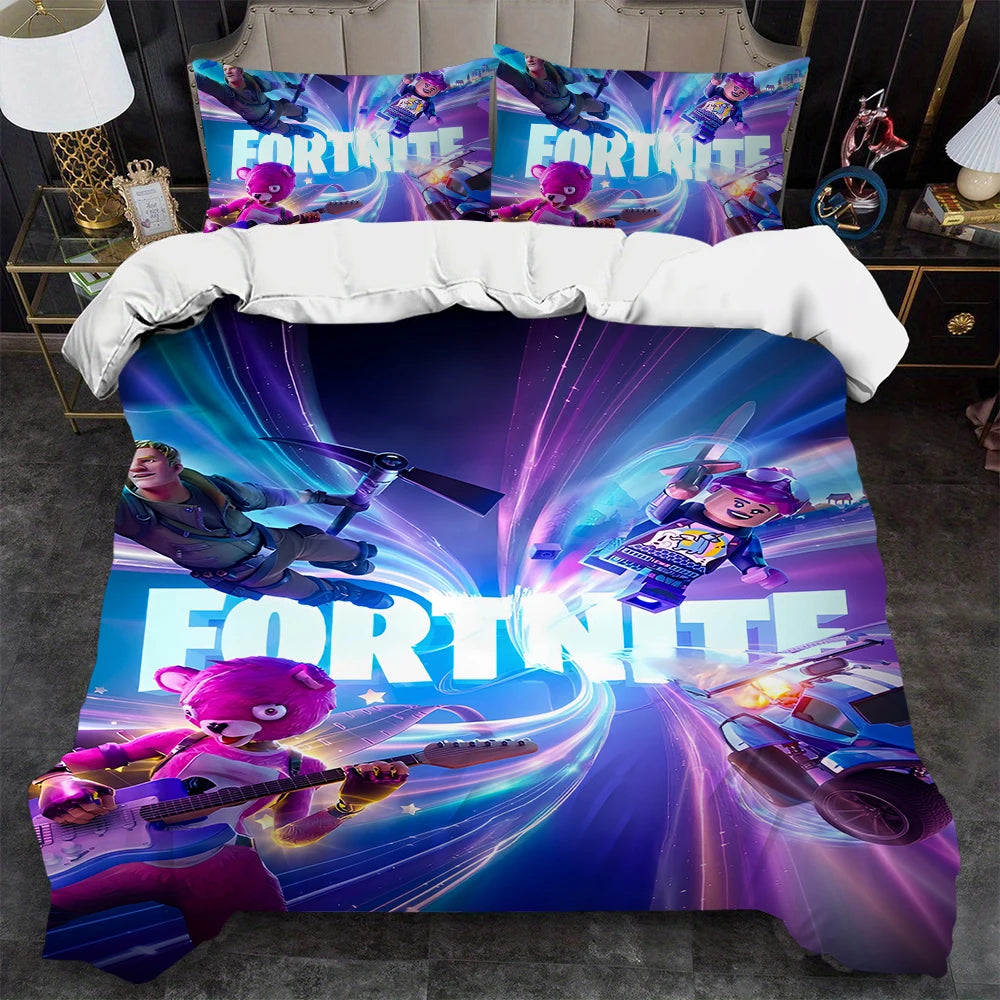 Battle Game F-Fortnite Bettbezug-Set, weich gewaschen, 3-teilig, sommerlich komfortabel, für Studentenwohnheim, Zuhause und Babybettwäsche, Bestseller
