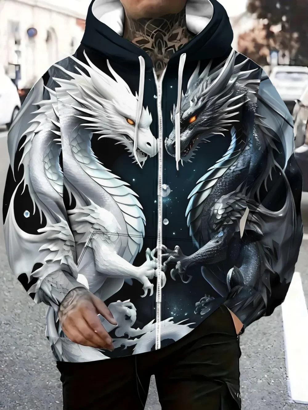 Herren-Hoodie mit Drachenprint und Reißverschluss, Kordelzug, langen Ärmeln, Oversize-Passform, für Outdoor-Aktivitäten und Reisen, Herbst/Winter