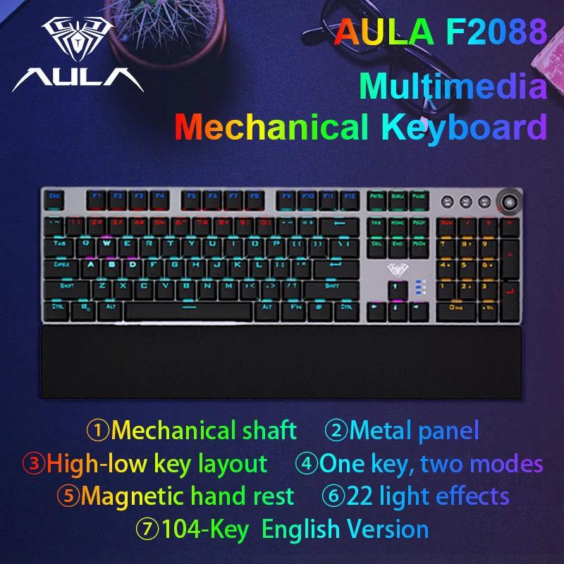Teclado Mecânico AULA F2088 com Fio para Gaming, Botão Multifuncional, 104 Teclas, Retroiluminação Magic e Programação de Macros para Computador