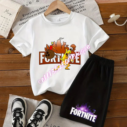 Conjunto de T-shirt e calções Fortnite Series para criança, top e calças inspirados em jogo popular, outfit de verão para casa, confortável e adorável, presente de aniversário