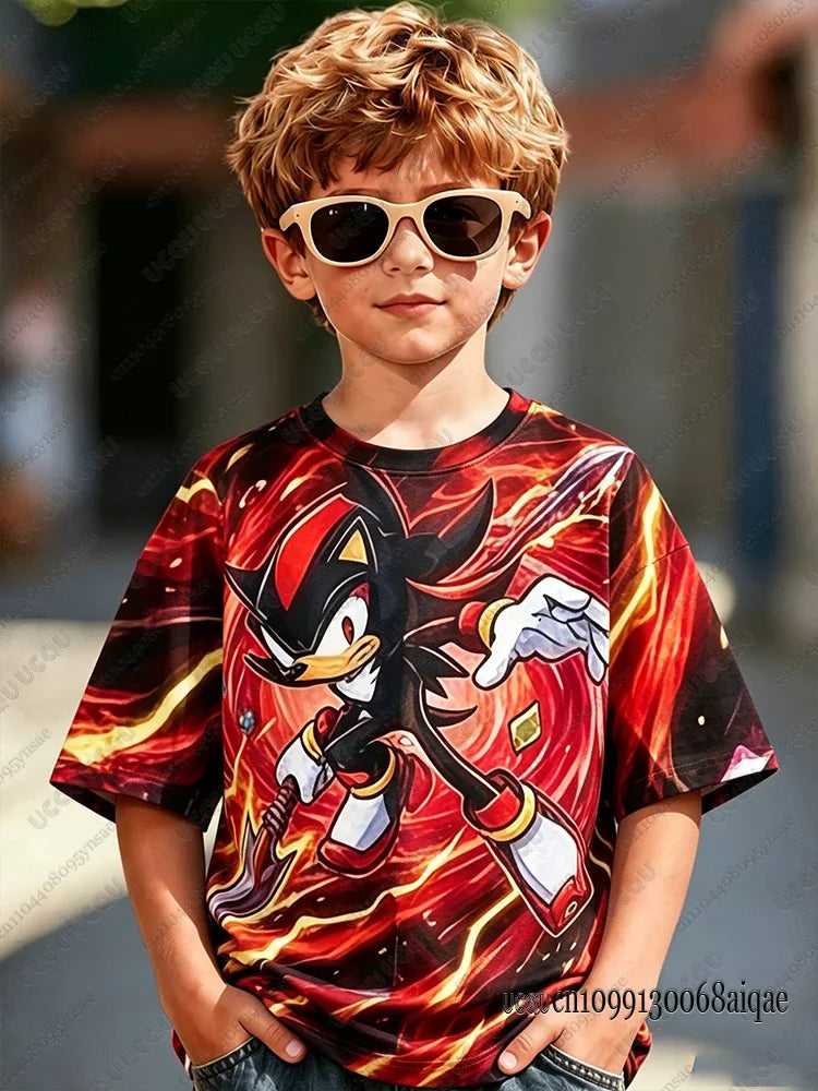 Cartoon Sonic Print Cosplay T-shirt For Adult/Kids Summer Boys Girls Cute Tshirts Casual Round Neck Street Clothing Sonic Tshirt