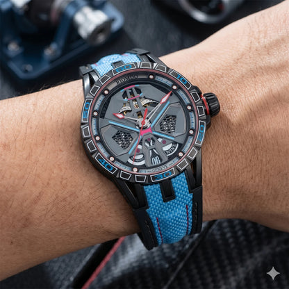 OBLVLO Men's Luxury Machinery Skeleton Mechanical Automatic Watches Analog Big Dial Blue Rubber Band Military Watch RD-909