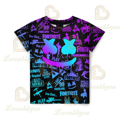 T-shirt infantil de verão Cartoon Fortnite com impressão 3D, para meninos e meninas, estilo streetwear, roupa para adultos e crianças, t-shirt divertida com gola redonda