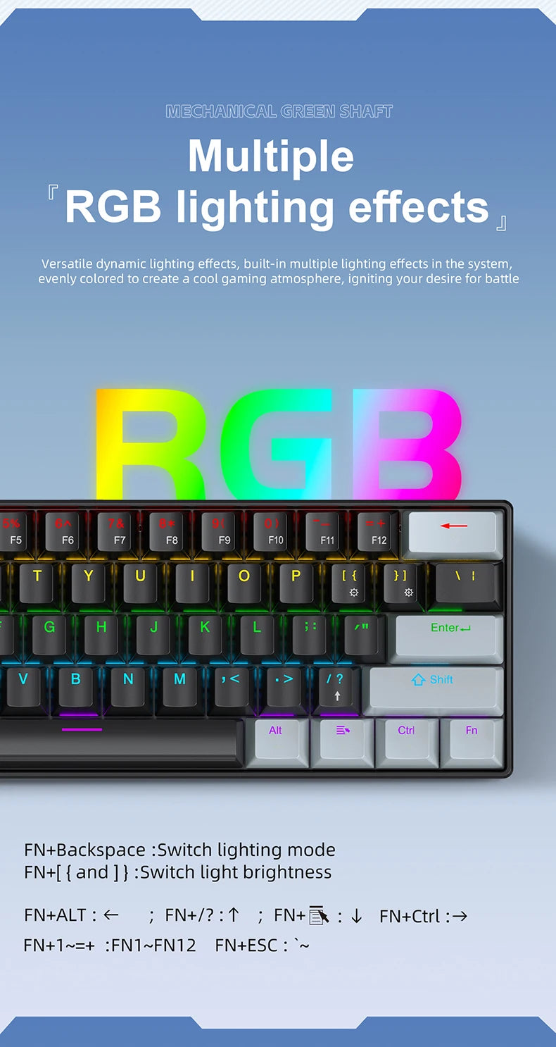 Teclado mecânico mini APAYADO K61, com fio, 61 teclas, Phantom RGB, interruptor mecânico vermelho/azul preto/branco para gaming, 60% portátil