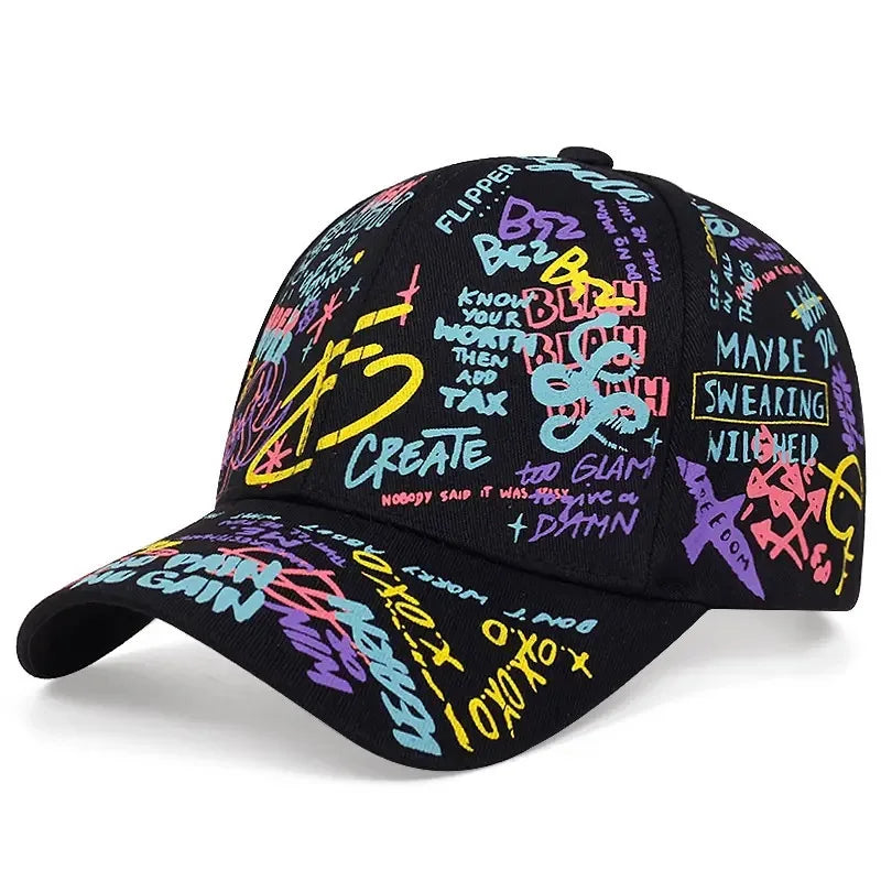 Farbenfrohe Hip-Hop-Baseballkappe mit Graffiti-Motiv, lässige Sonnenkappe mit Entenschnabel-Krempe und Aufdruck, individuell gestaltet für Männer und Frauen
