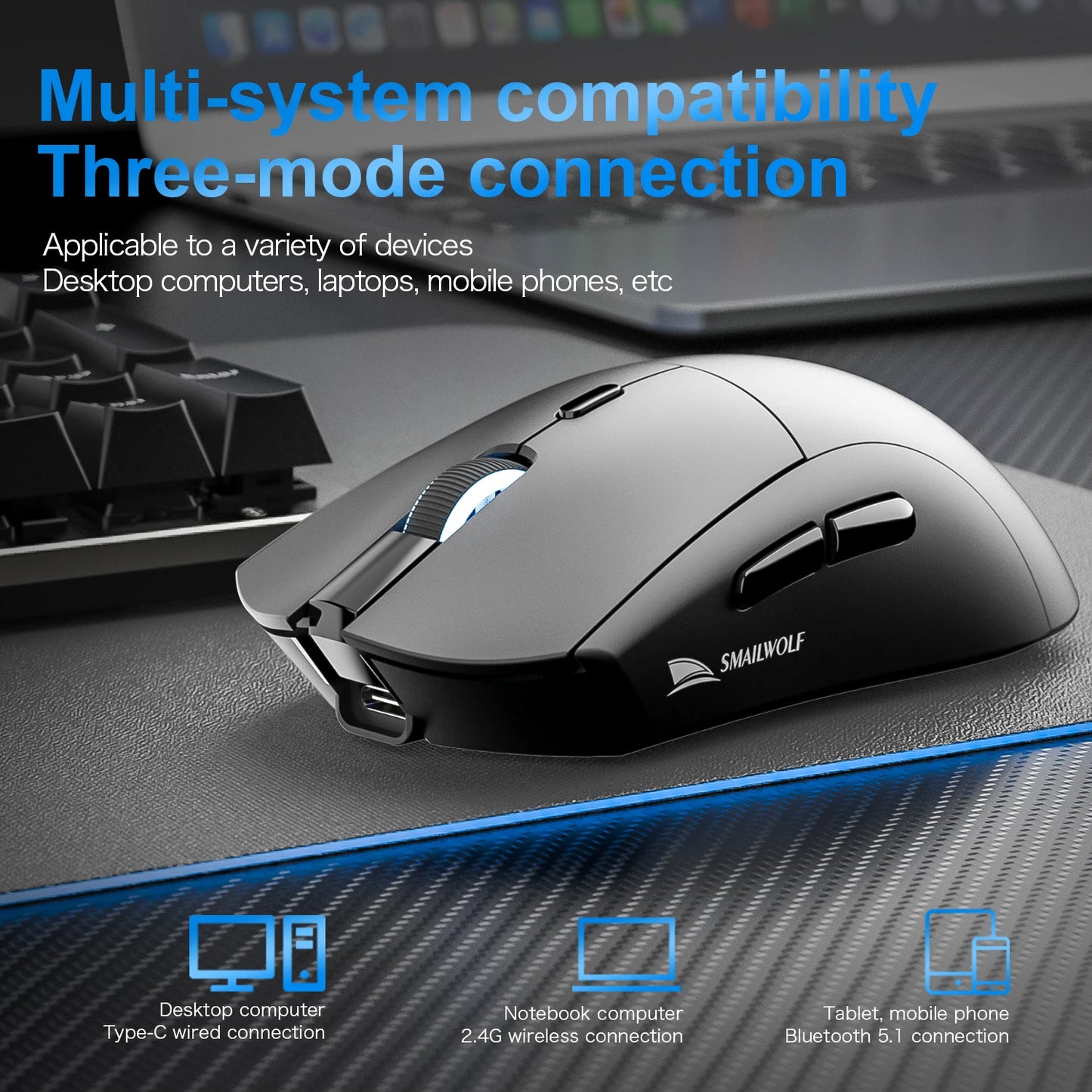 SMAILWOLF RS7 Bluetooth Wireless Gaming Mouse Three Mode PAW3311 Macro-definition Mouse Laptop Gaming Office