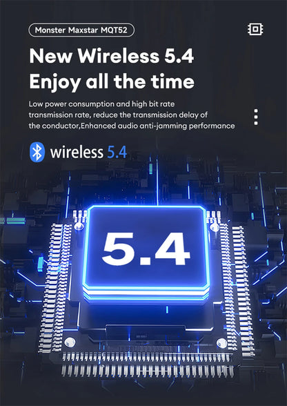 Monster MQT52 kabellose Bluetooth 5.4-Ohrhörer mit langer Akkulaufzeit, Gaming-Kopfhörer im Dual-Modus, Hi-Fi-Stereoklang-Headset mit Mikrofon